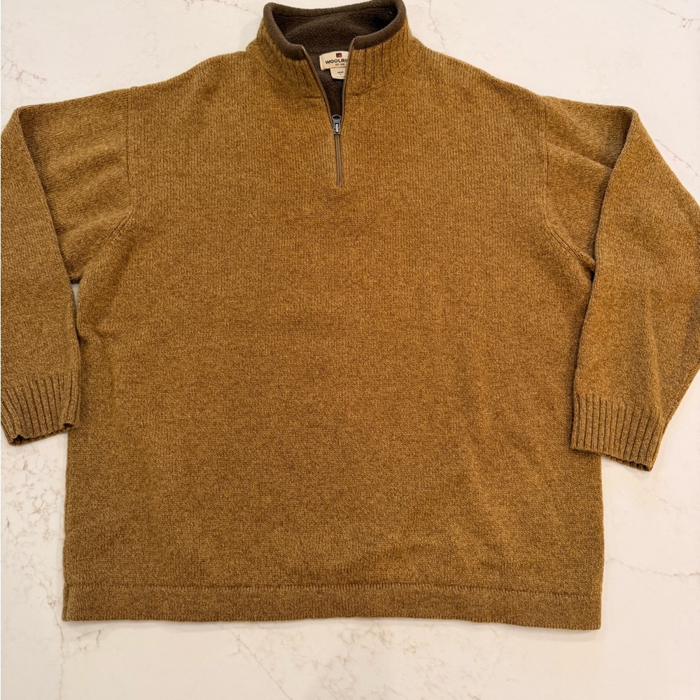 Woolrich Men’s Large 100% Wool Quarter Zip Sweater Heather Tan Brown Pullover